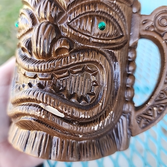 Vtg Hawaiian Tiki Mugs Set Of 5 Quon-Quon Japan Brown Ceramic Green Gem Eyes - Picture 10 of 12